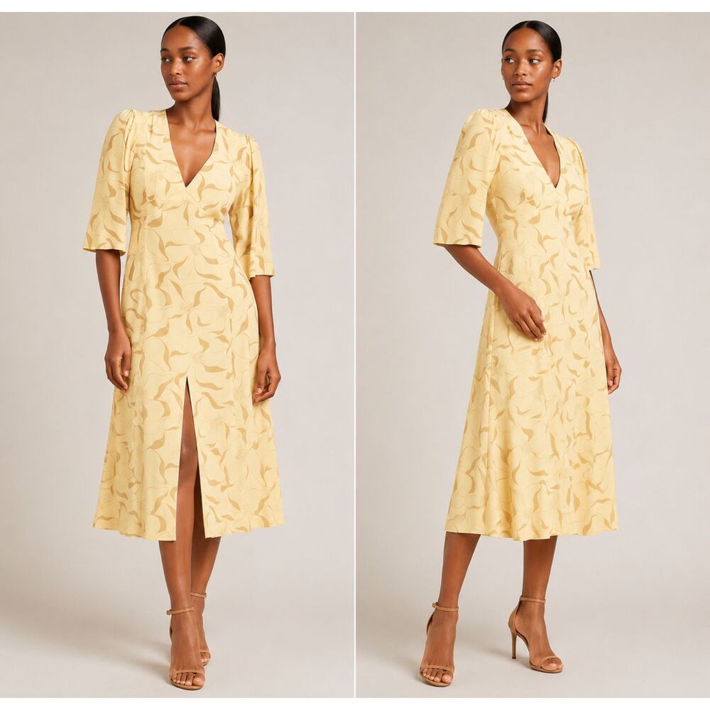 Equipment Femme Julianne 100% Silk Midi Dress Butter Yellow Brown Size Small NWT